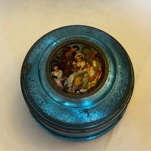 Vintage Blue Decorative Music Box with Art Inlay NOT WORKING in parts